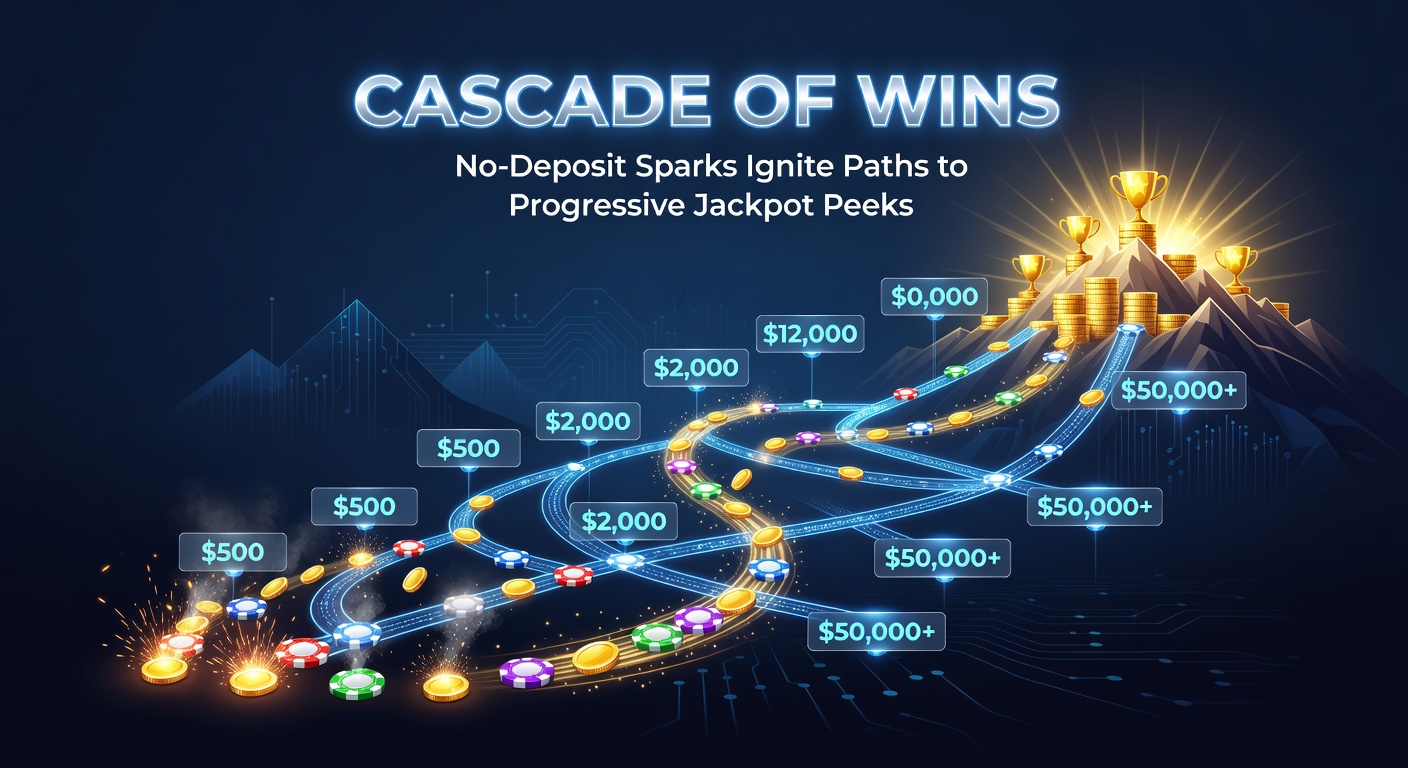 Dynamic graphic of a no-deposit bonus screen transitioning to a glowing progressive jackpot win, with cascading symbols and rising meter in a sleek casino interface