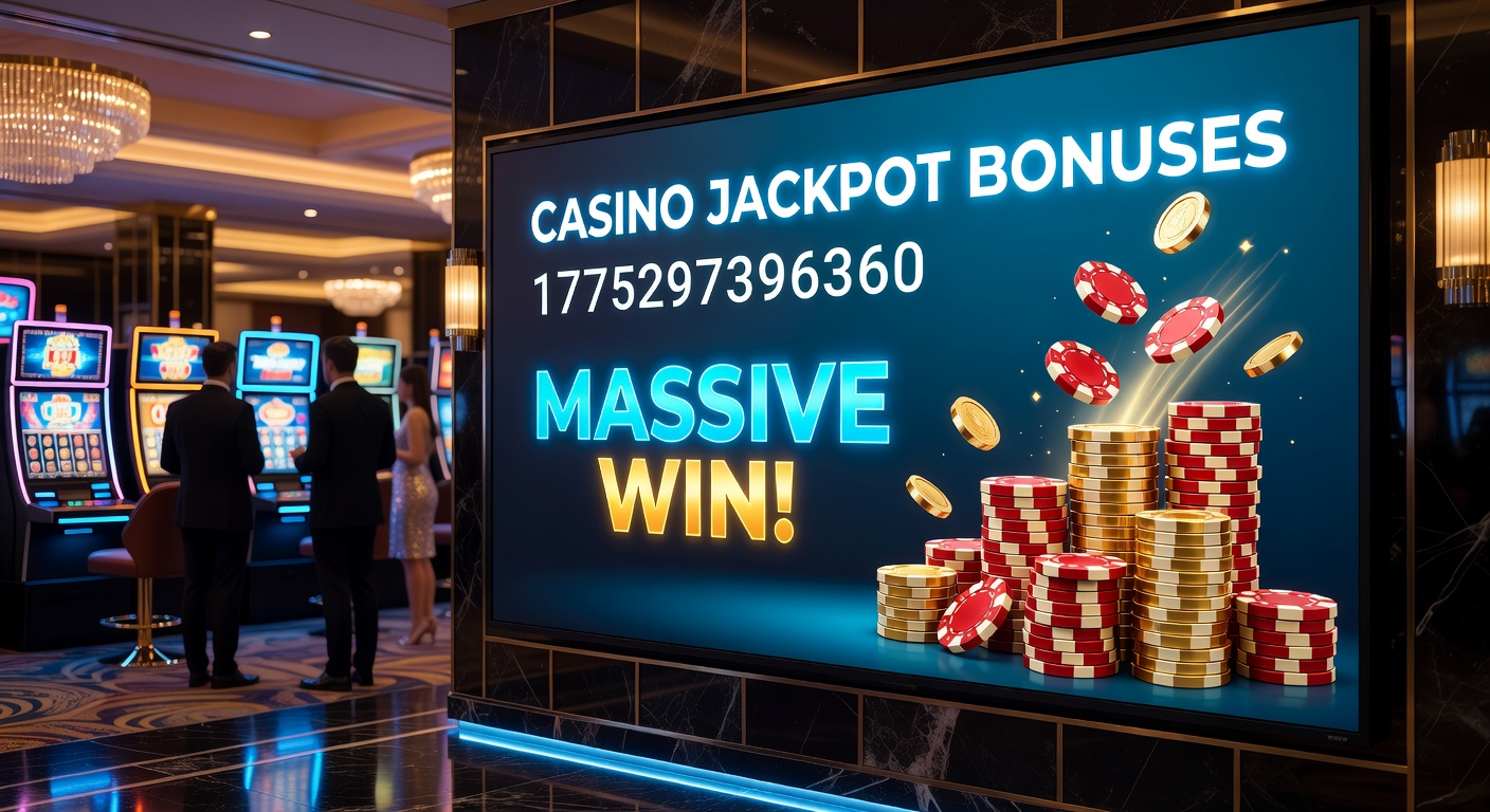 Vibrant slot machine jackpot display with cascading coins and bonus lights flashing, capturing the thrill of a big win in a bustling casino environment