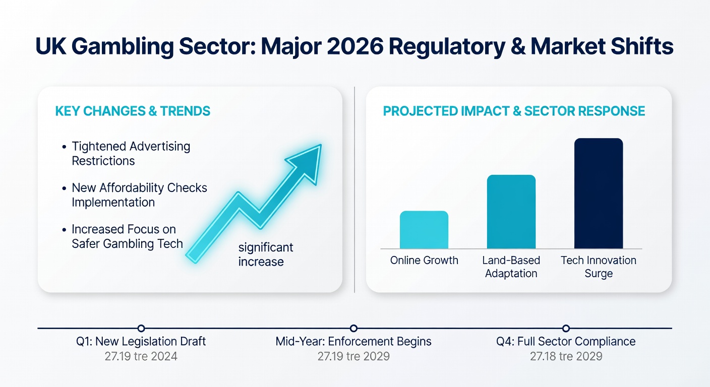 Infographic showing UK gambling market growth, illegal sector share, and upcoming regulatory timelines for 2026