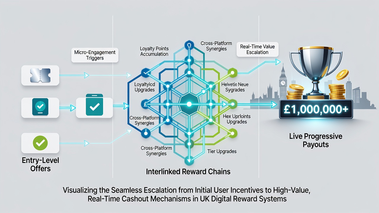 Flowchart illustrating how entry-level offers link through loyalty stages to live progressive jackpot participation on British gaming sites