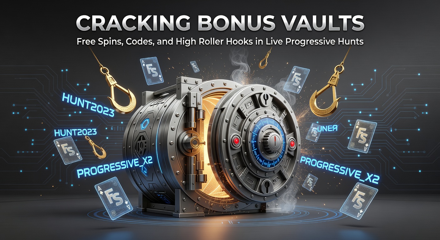 High-roller dashboard showing unlocked promo codes, spinning reels with vault symbols, and climbing progressive jackpot meters in a live dealer progressive hunt