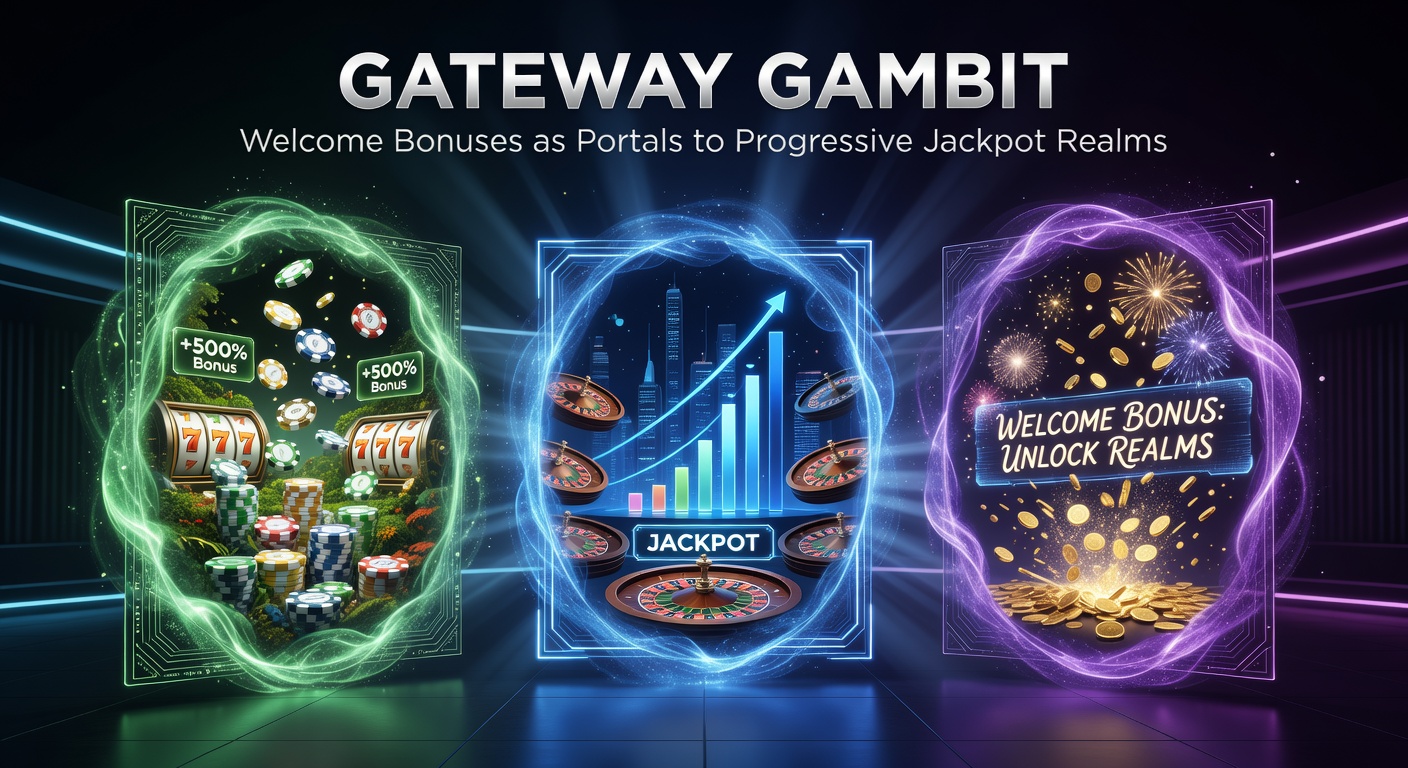 Vibrant online casino interface showing a welcome bonus offer transitioning into a glowing progressive jackpot slot game, with coins cascading and jackpot meter rising dramatically