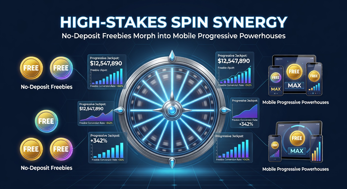 Dynamic graphic of a smartphone interface showing free spins converting to high-stakes progressive jackpot wins, with glowing jackpot counters and bonus overlays
