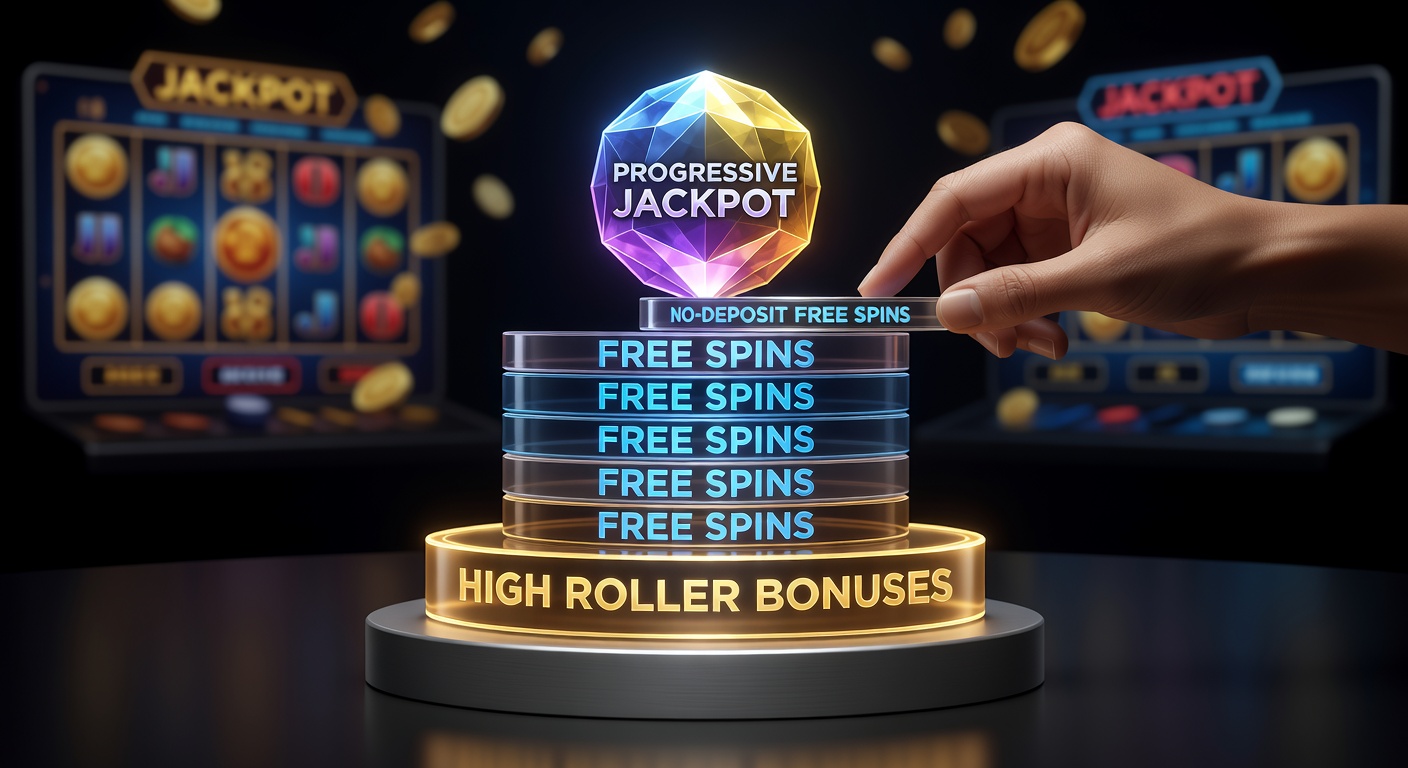 Stacked bonus layers illustrated on a progressive jackpot slot screen with free spins and high roller multipliers