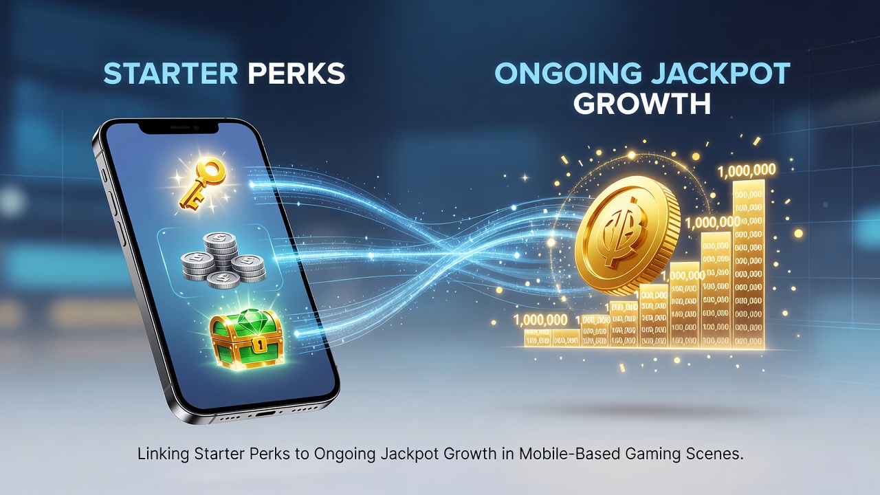 Mobile gaming interface showing starter perks transitioning into progressive jackpot meters on smartphone screens