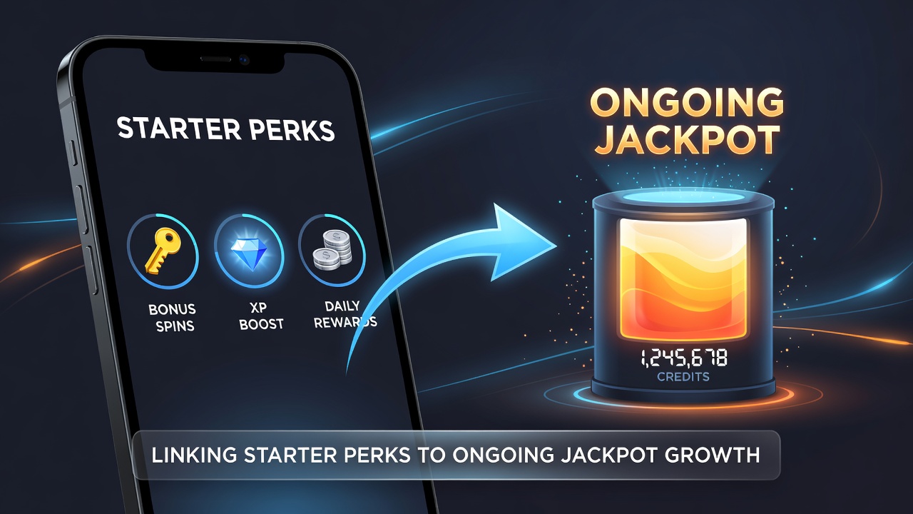Infographic illustrating data flow from starter bonuses through mobile gameplay into growing jackpot pools