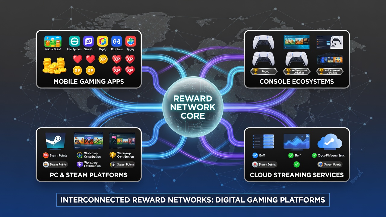 Illustration of reward network architecture connecting mobile, console, and PC platforms with data flow arrows