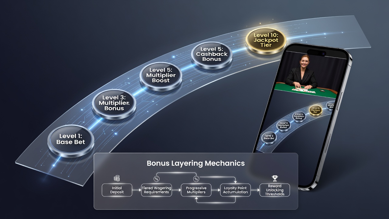 Diagram of progressive reward pathways connecting mobile bonuses to live dealer jackpot pools