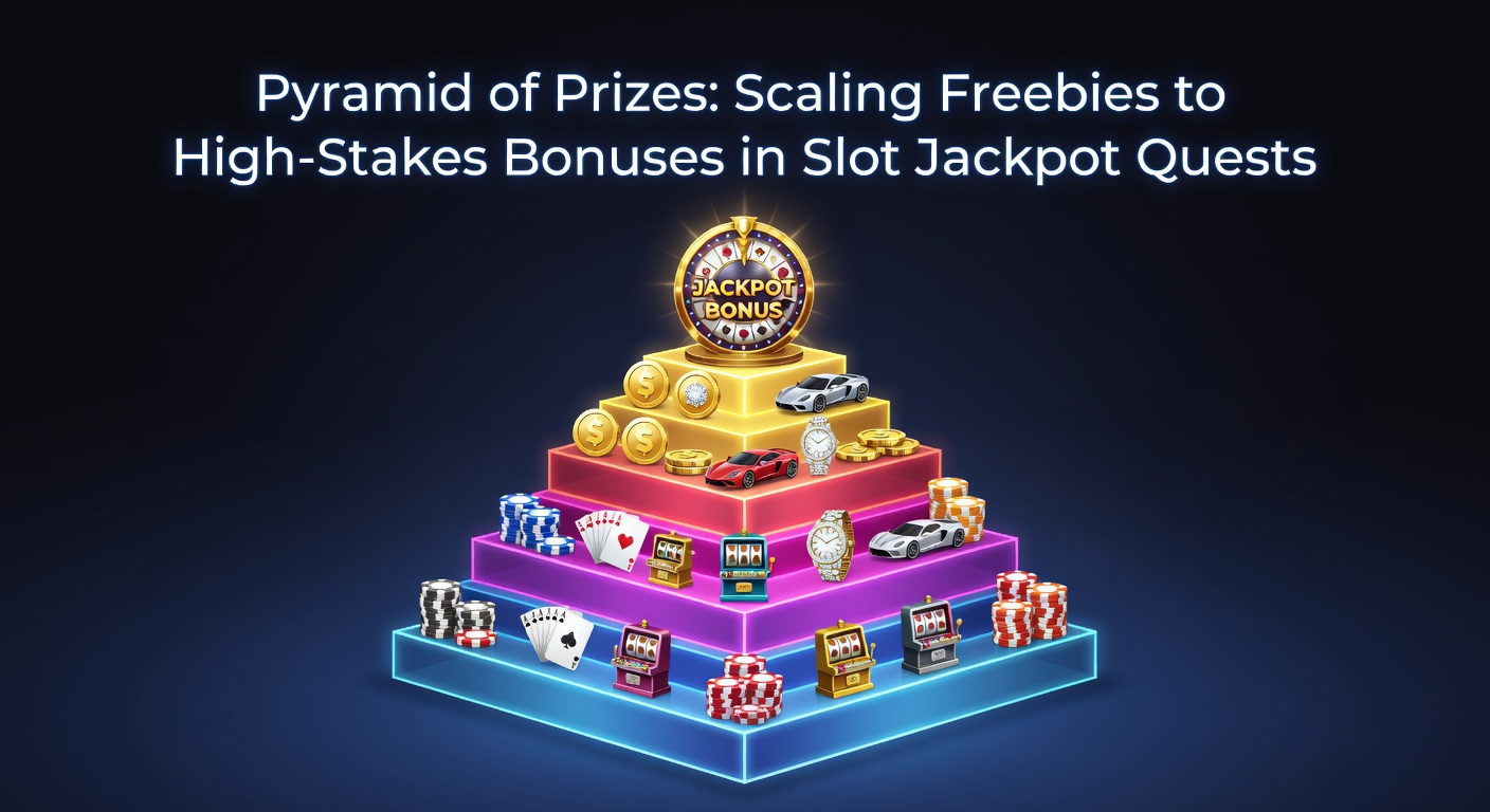 Vibrant slot machine display showing escalating bonus tiers from free spins to massive progressive jackpots, with pyramid graphic overlay illustrating the prize scaling structure