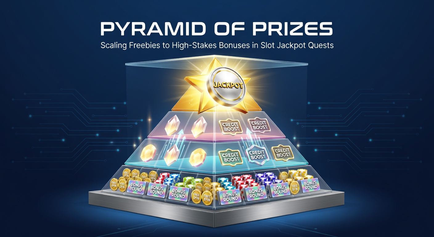 Dynamic infographic of a prize pyramid with tiers labeled from free spins at the bottom to high-stakes progressive jackpots at the peak, featuring slot reels and bonus icons cascading upward