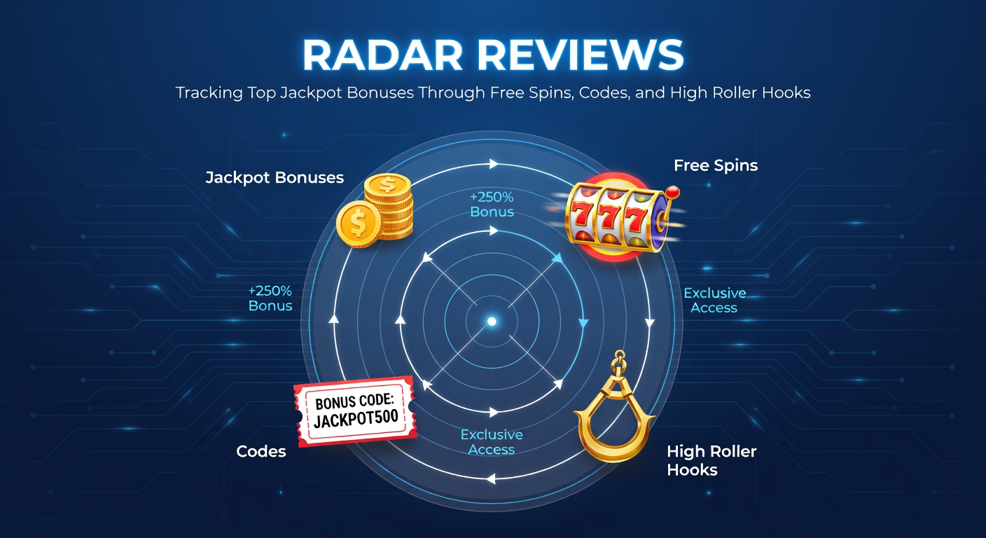 Close-up of a high-tech radar interface highlighting jackpot bonuses, with free spin wheels, code entry fields, and luxury high roller icons pulsing on screen