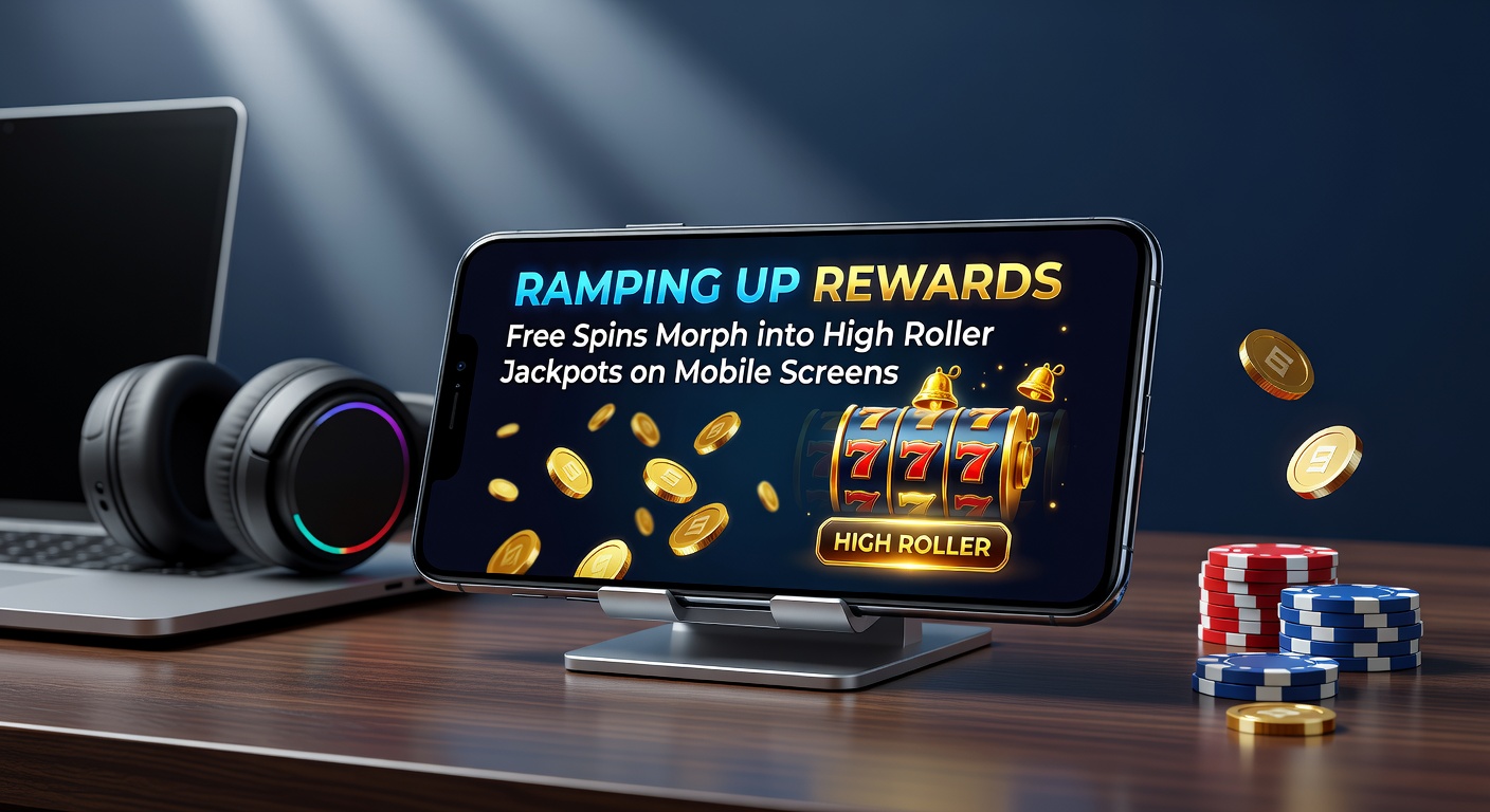 A vibrant mobile screen displaying cascading free spins morphing into glowing jackpot symbols, with coins exploding in a high-roller reward sequence
