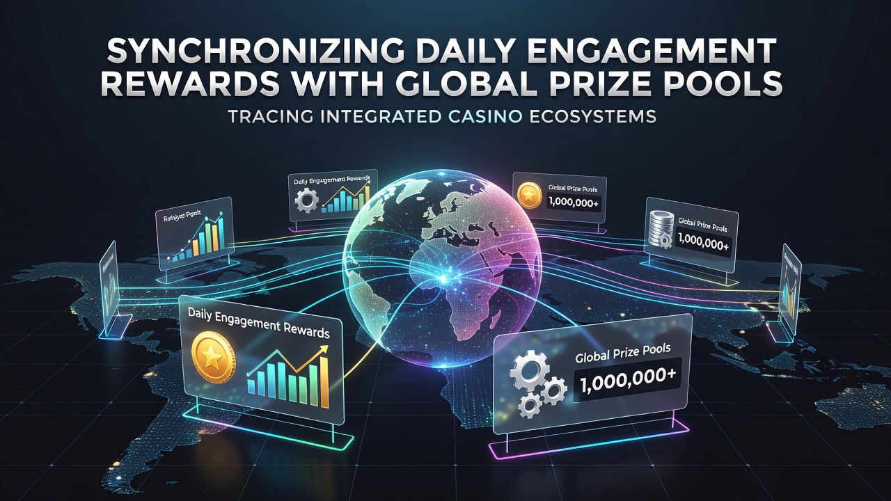 Illustration of accumulator events where daily rewards merge into worldwide casino prize pools