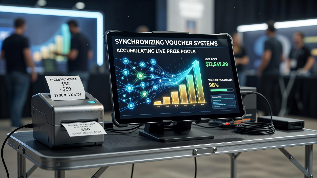 Portable gaming device displaying synchronized voucher redemption and live prize pool interface in a high-stakes setting