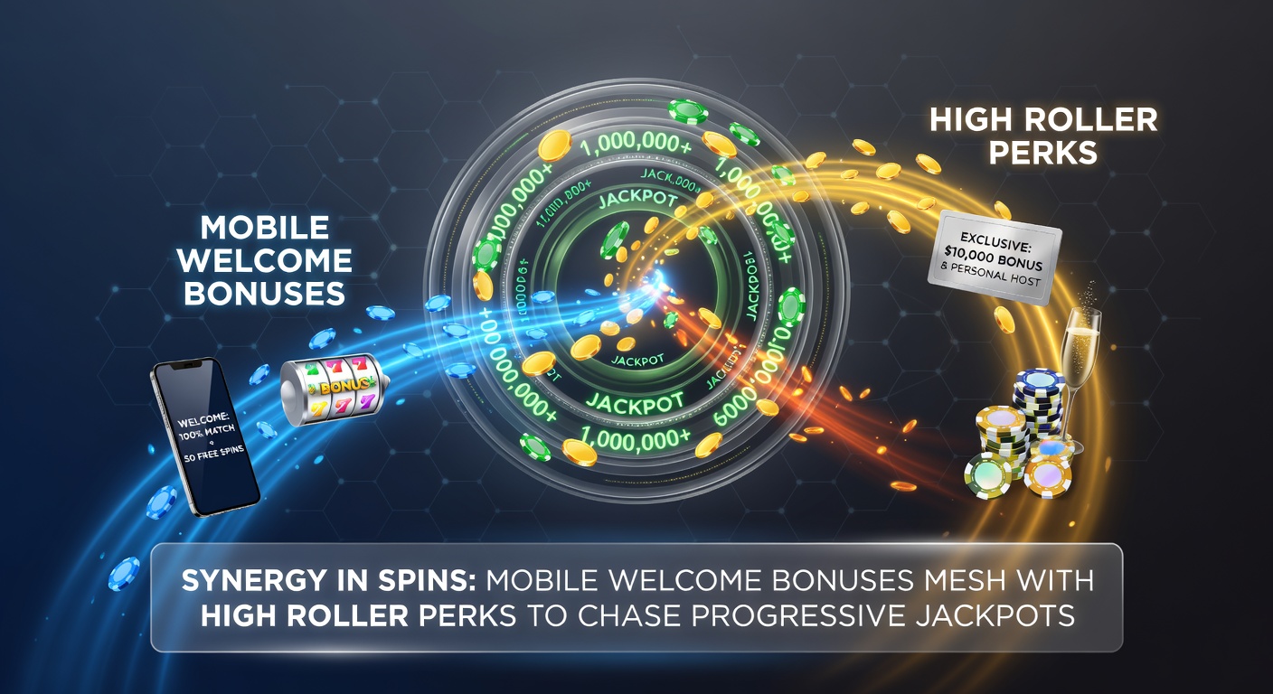 Split-screen graphic contrasting a basic mobile welcome bonus screen on the left with a luxurious high-roller VIP dashboard on the right, progressive jackpot counters linking both sides