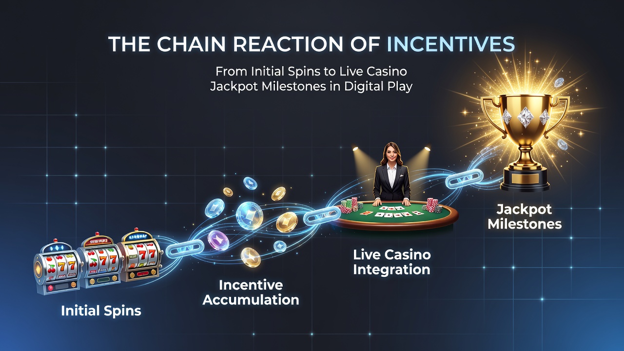Digital casino interface showing spinning reels transitioning into live dealer tables with jackpot indicators