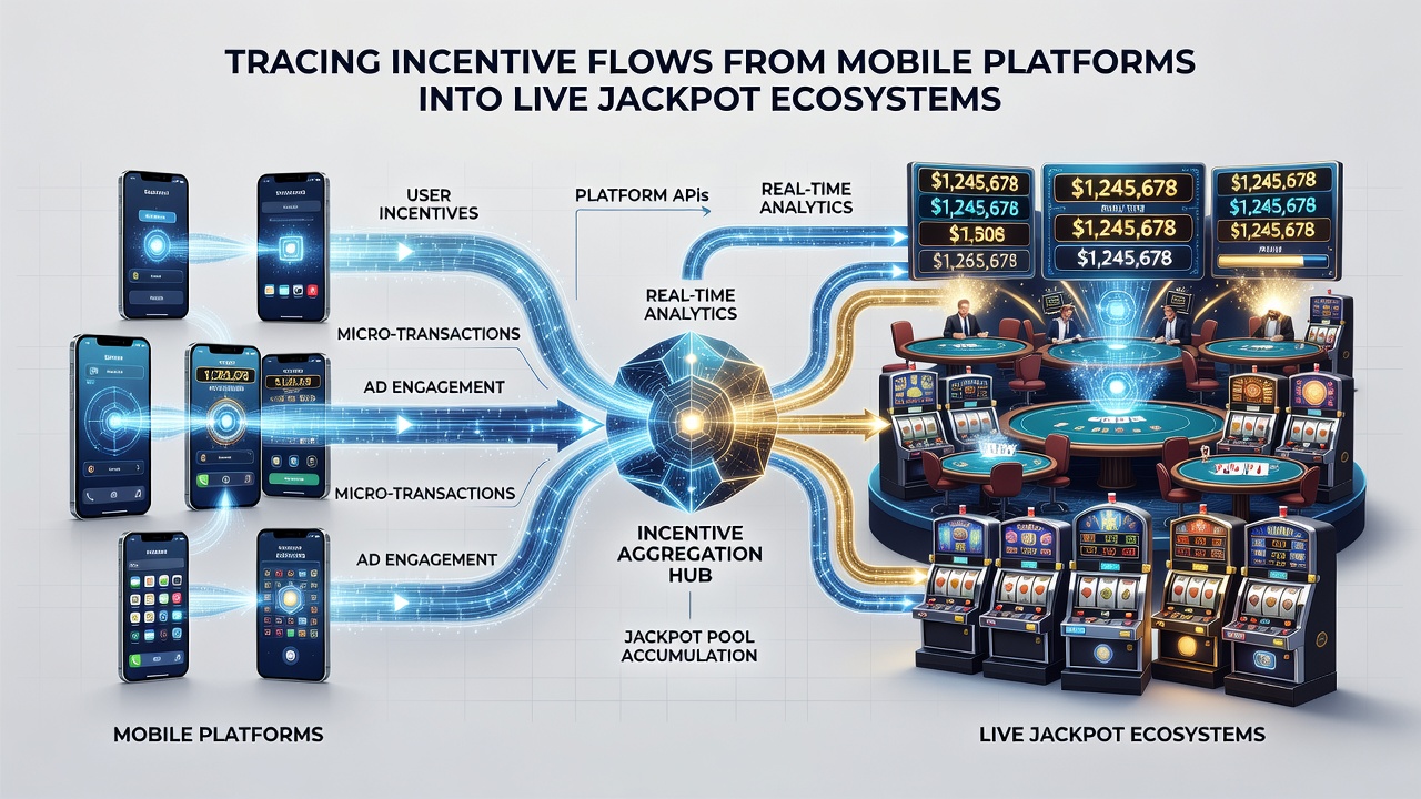 Data flow diagram illustrating mobile incentives entering live jackpot networks