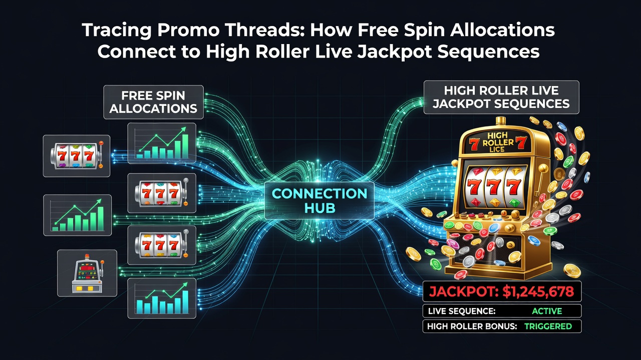 Diagram showing the flow from free spin promotions through bonus allocations to live high roller jackpot sequences in casino systems