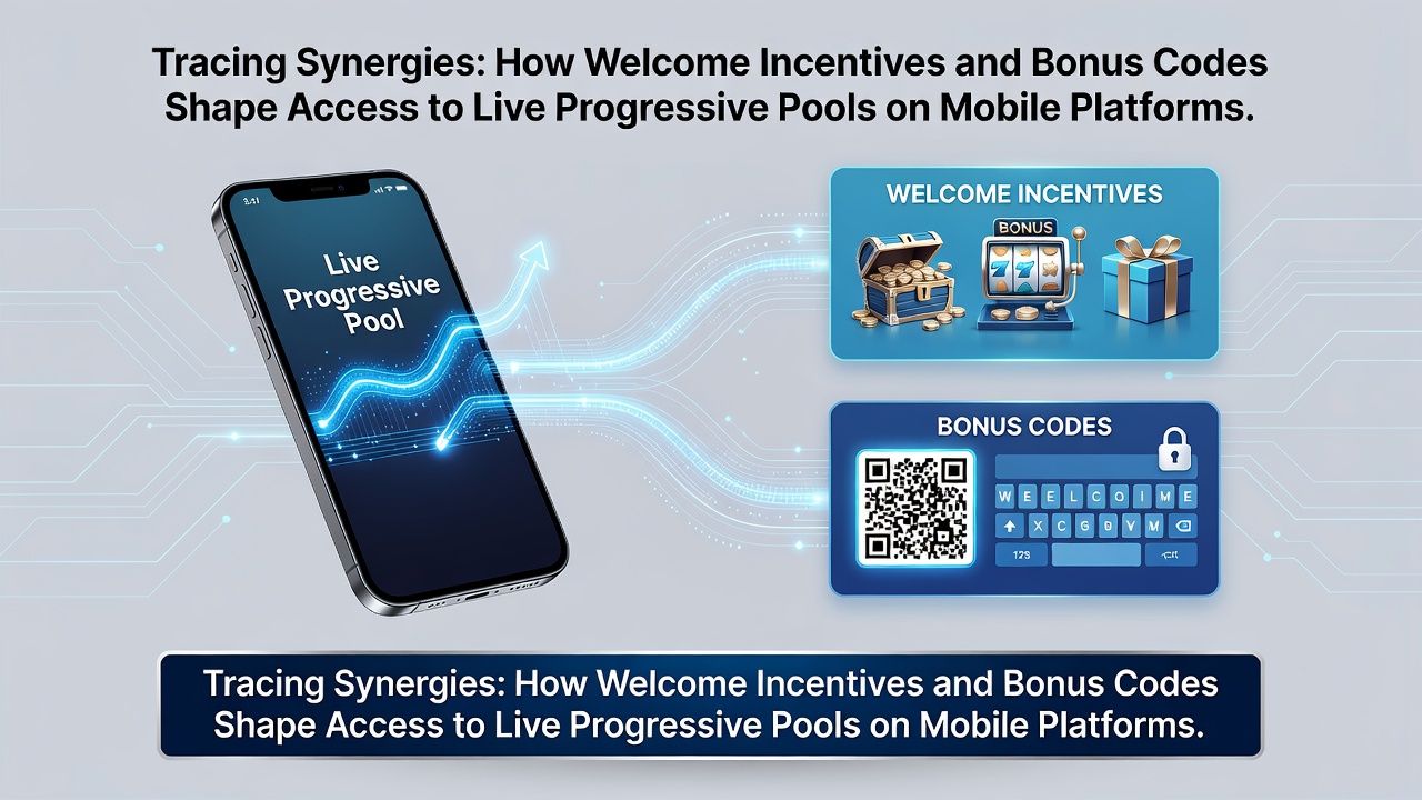 Mobile device displaying live progressive jackpot pools with welcome bonus overlays and code entry prompts