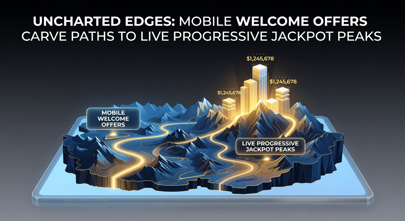 Smartphone screen displaying a vibrant mobile casino app with a prominent welcome bonus offer, featuring deposit match icons and progressive jackpot meters in the background