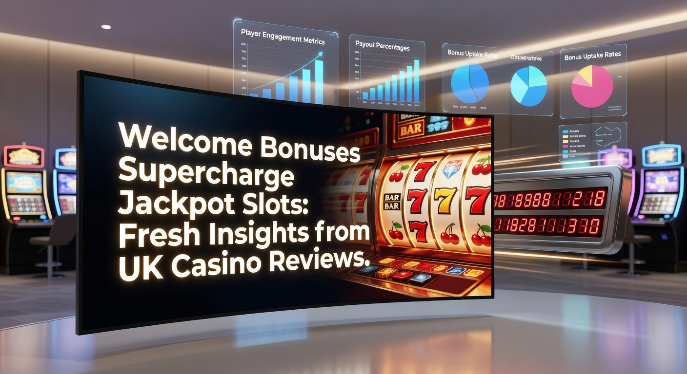 Vibrant jackpot slot machine displaying massive progressive prizes alongside a welcome bonus offer screen from a UK online casino